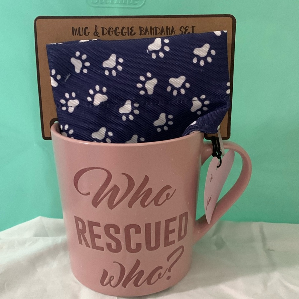 💛 SHEFFIELD HOME Pink Who Rescued Who? Large Mug & Dog Bandana Set NWT